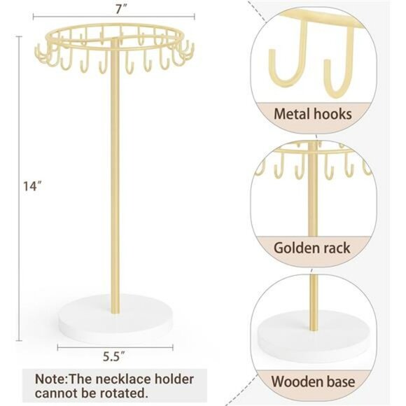 Gold Metal Necklace Holder Jewelry Stand Organizer with 22 Hooks Storage - Picture 3 of 7
